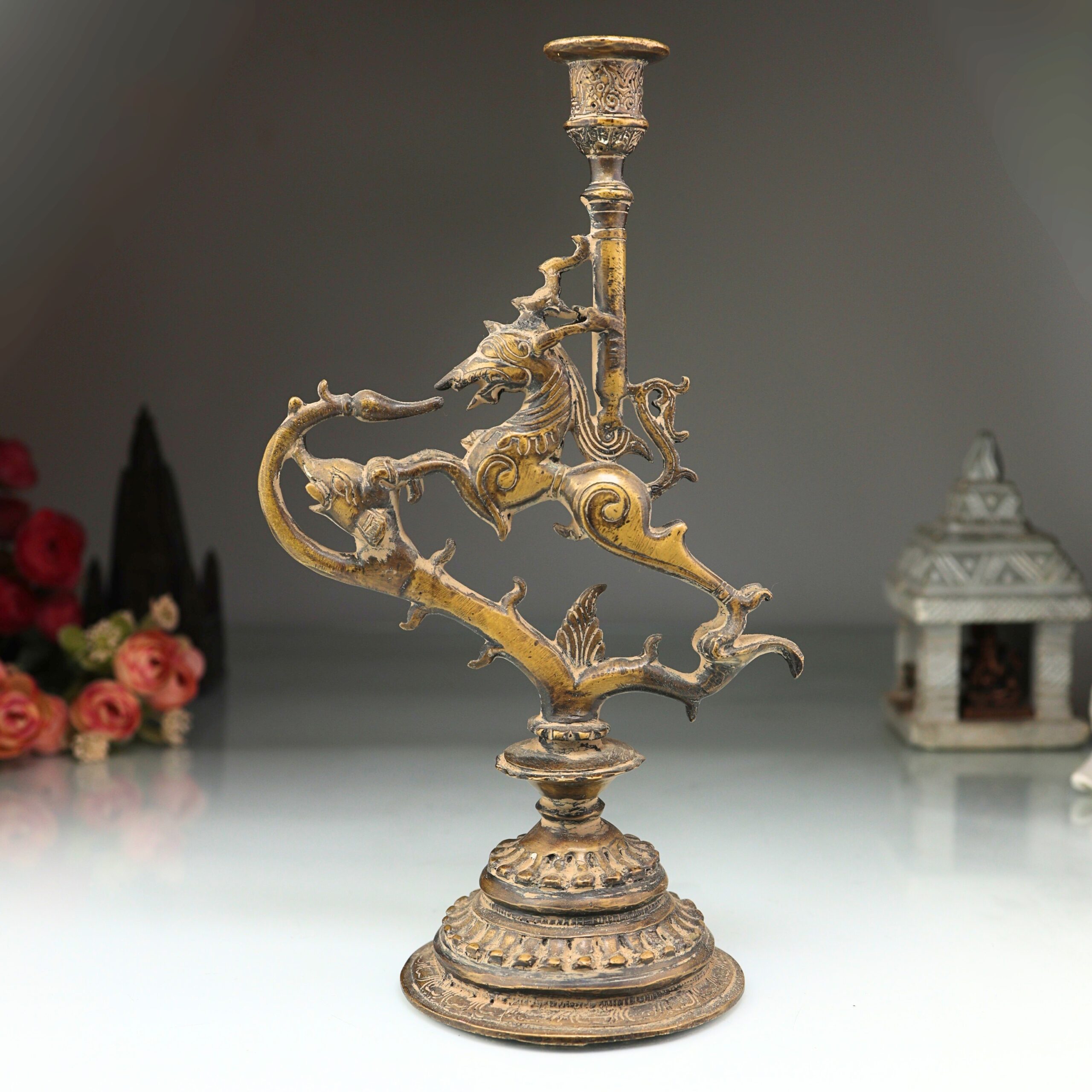 Brass Yali Candle Holder Stand