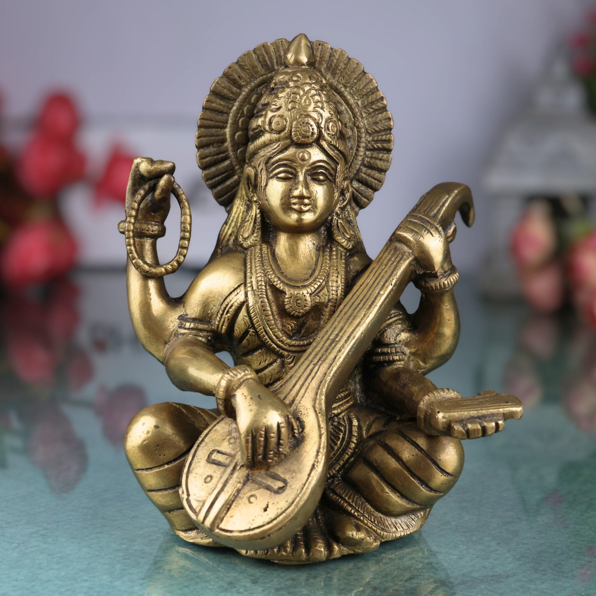 Brass Goddess Saraswati Idol, Sarasvati Statue, Vidya Devi, Saraswathi Silai For Puja And Home Decor