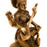 Brass Saraswati Idol, Maa Saraswati Murti, Vidya Devi Statue, Sharada Vagdevi Pratima, Veena Dhari Moorti for Puja & Home Decor, Gold, 7 Inch, 1 Piece