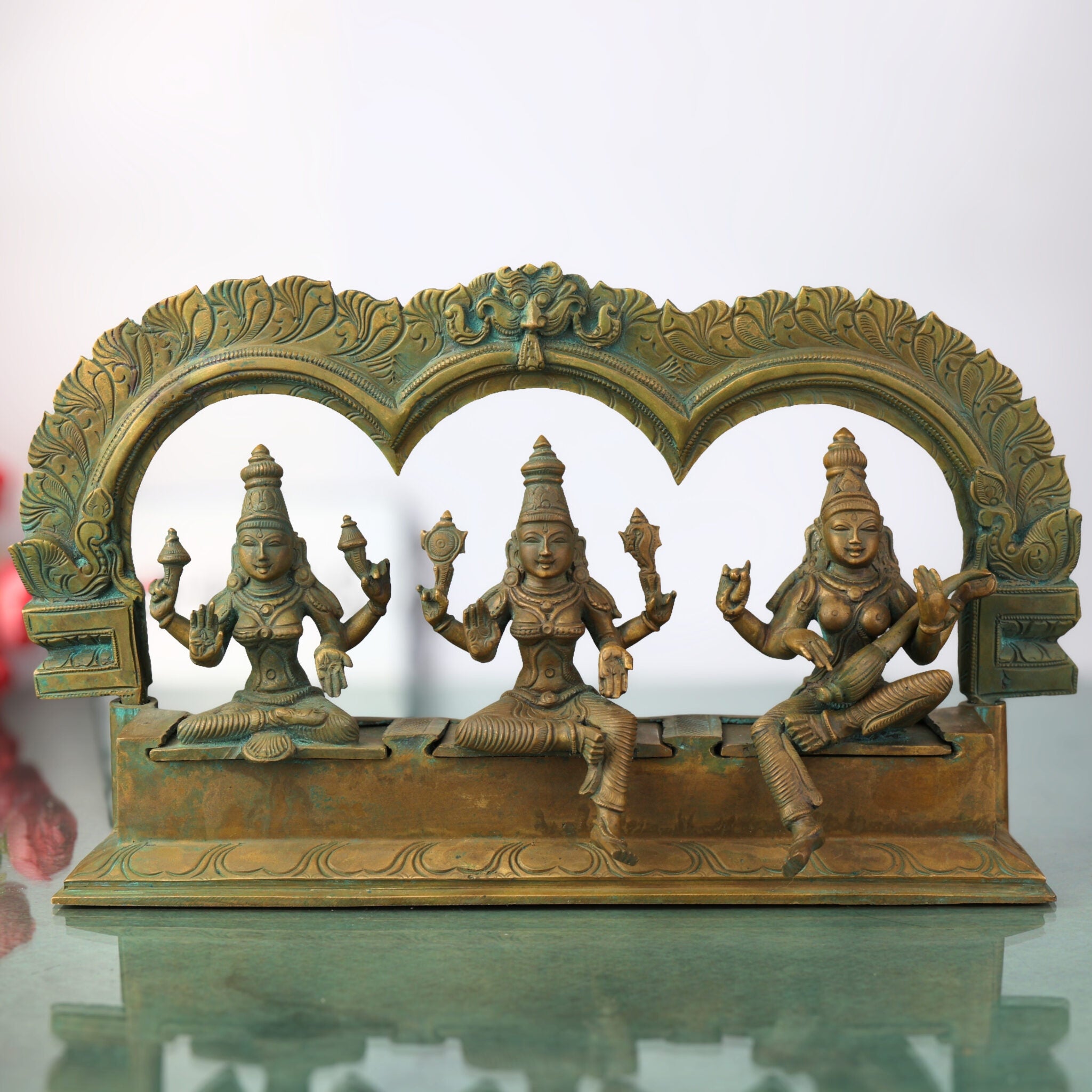 Handcrafted Panchaloha Bronze Lakshmi Mahalakshmi Parvati Gauri Saraswati Sharada Idol Set with Prabhavali – Traditional South Indian Chola Art Sculpture