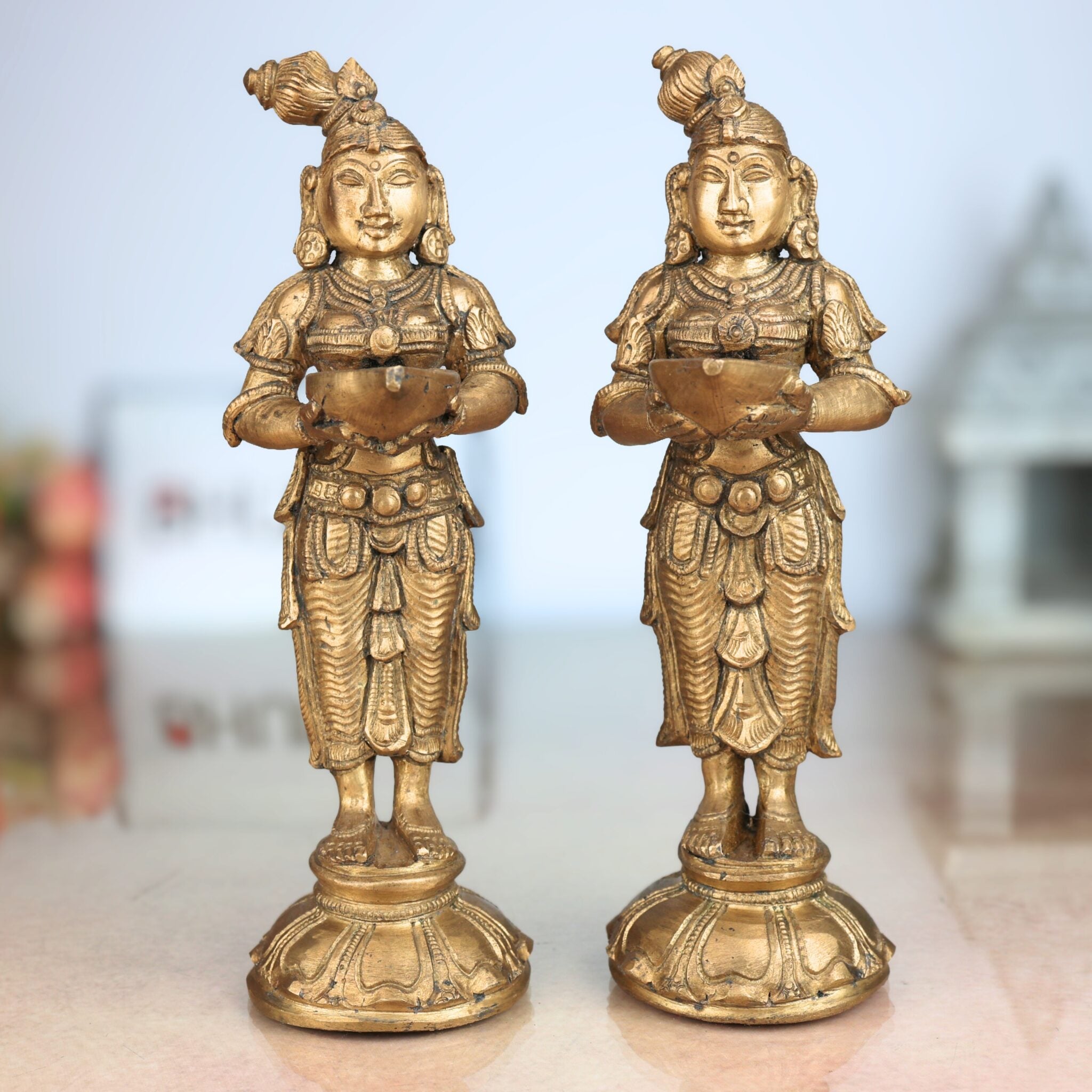 Handcrafted Bronze Panchaloha Deepalakshmi Deepam Lady Idol Set