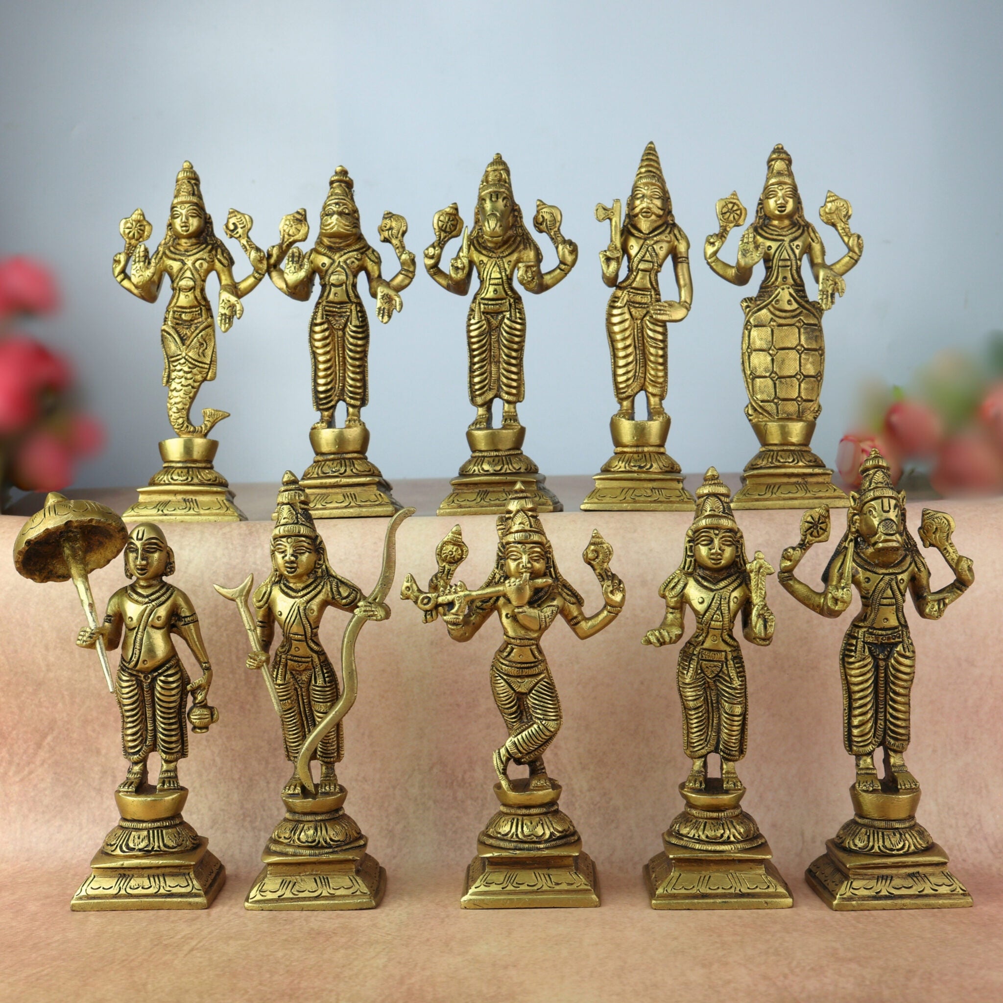 Premium Brass Vishnu Dashavatara Idol Set – Ten Avatars Murti of Vishnu (Matsya, Kurma, Varaha, Narasimha, Vamana, Parashurama, Rama, Balarama, Krishna, Kalki) for Home, Temple, Pooja Room & Office Decor