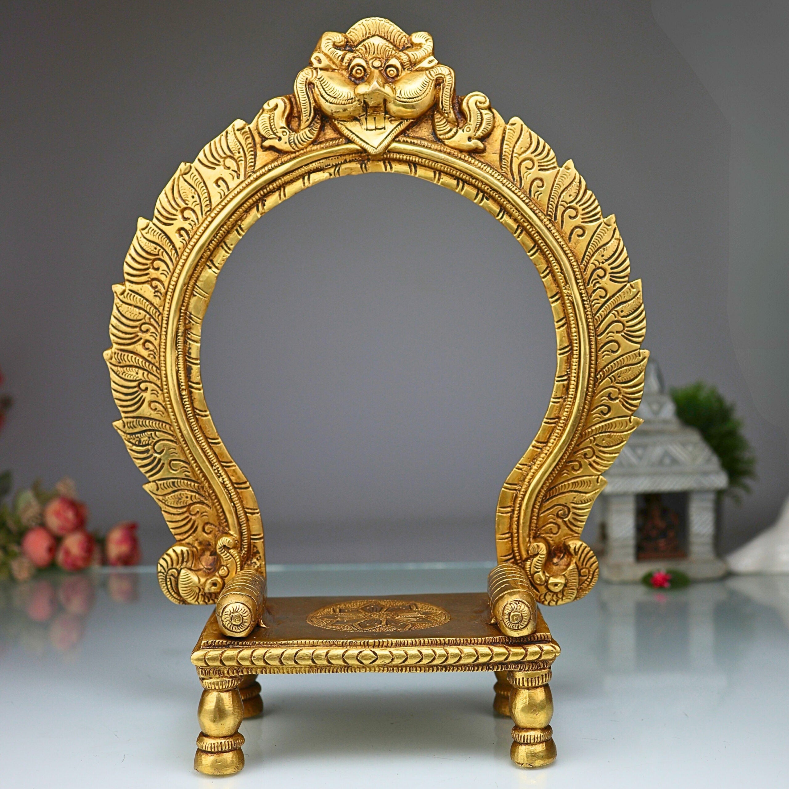 Brass Chowki with Prabhavali – Temple Deity Stand Singhasan Bajot for Idol