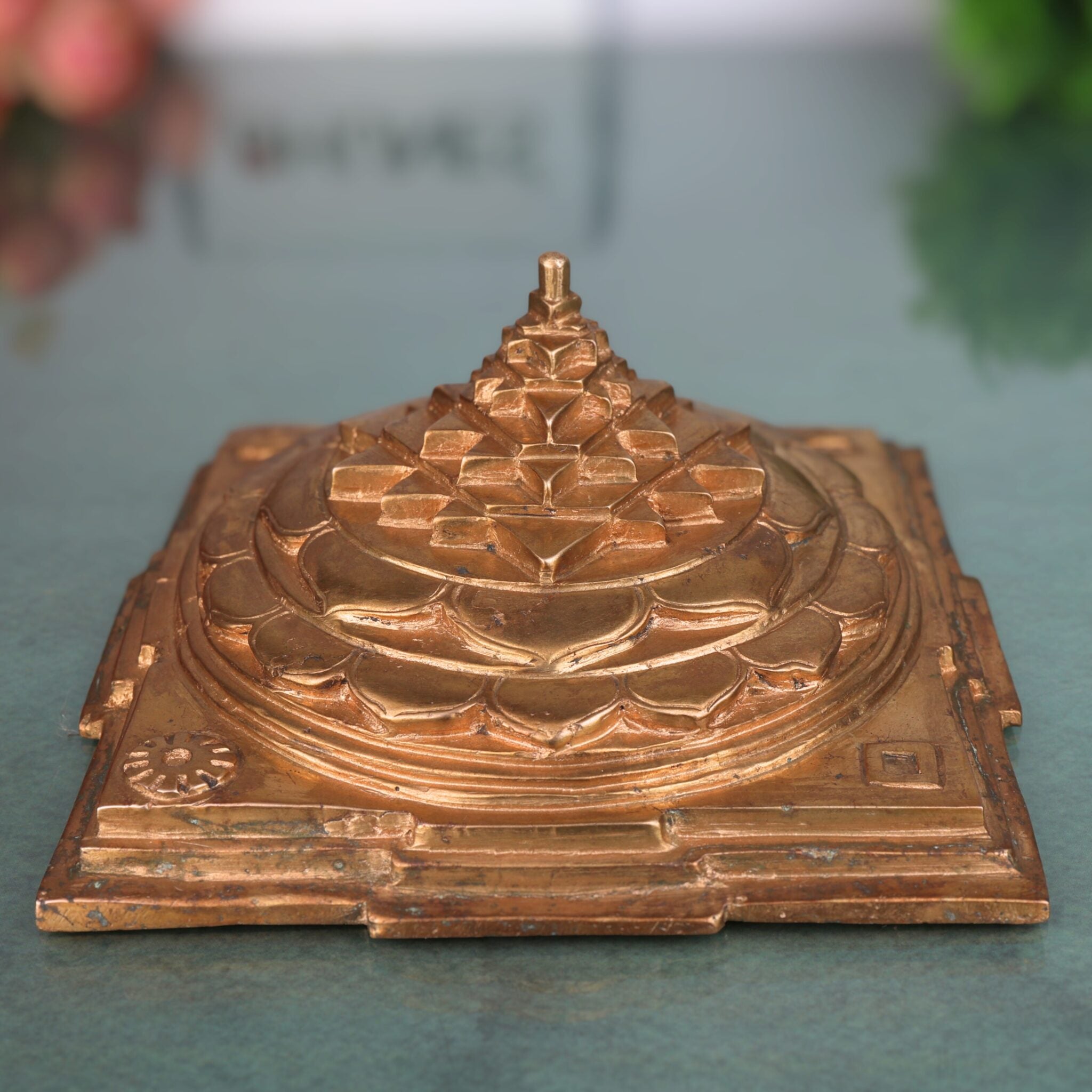 Handmade Bronze Sri Yantra Idol | Panchaloha Sacred Shri Chakra Sculpture for Home, Temple, Puja & Vastu Decor