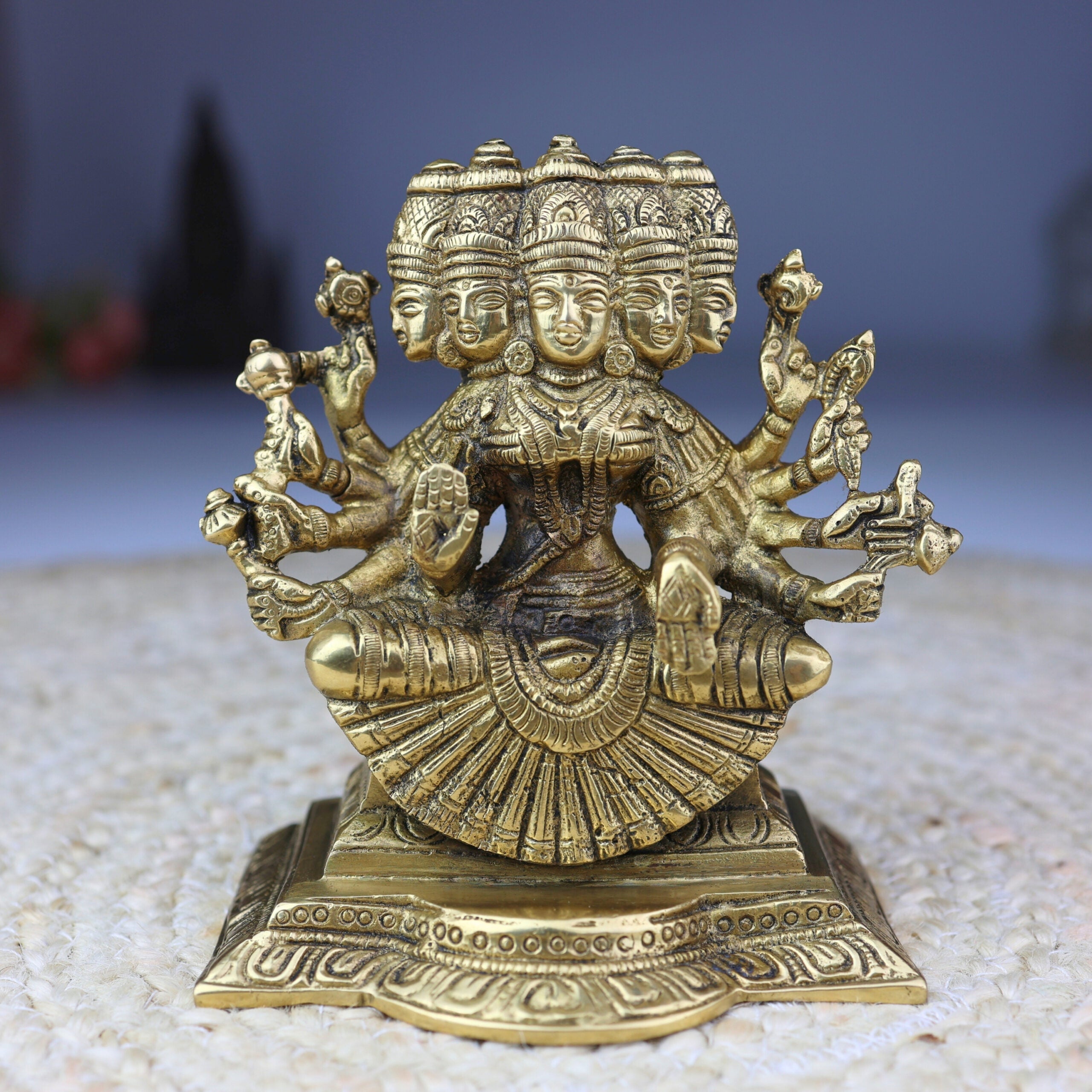 Brass Gayatri Devi Idol | Panchamukhi Vedamata Gayatri Mata Murti | Handcrafted Pital Savitri Devi Statue for Pooja & Home Decor