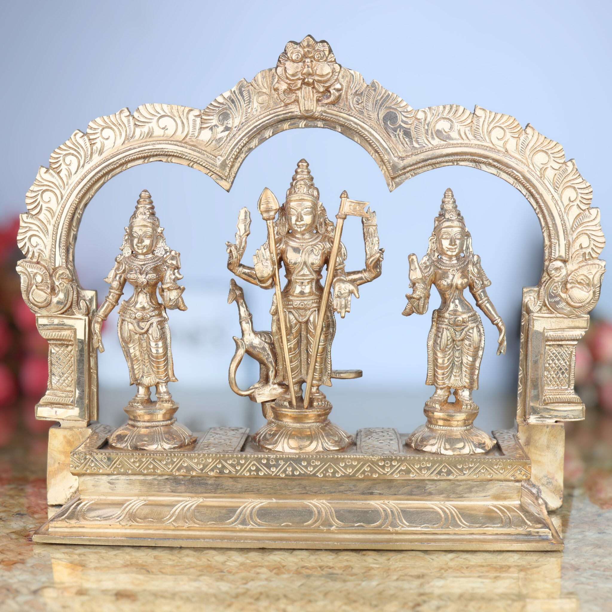 Handcrafted Panchaloha Murugan Idol with Valli and Devasena