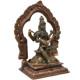 Bronze Saraswati Idol Vagdevi Sharada Murti for Pooja Home Decor Gifting Handcrafted Traditional Chola Style, Brown, 5 Inch, 1 Piece