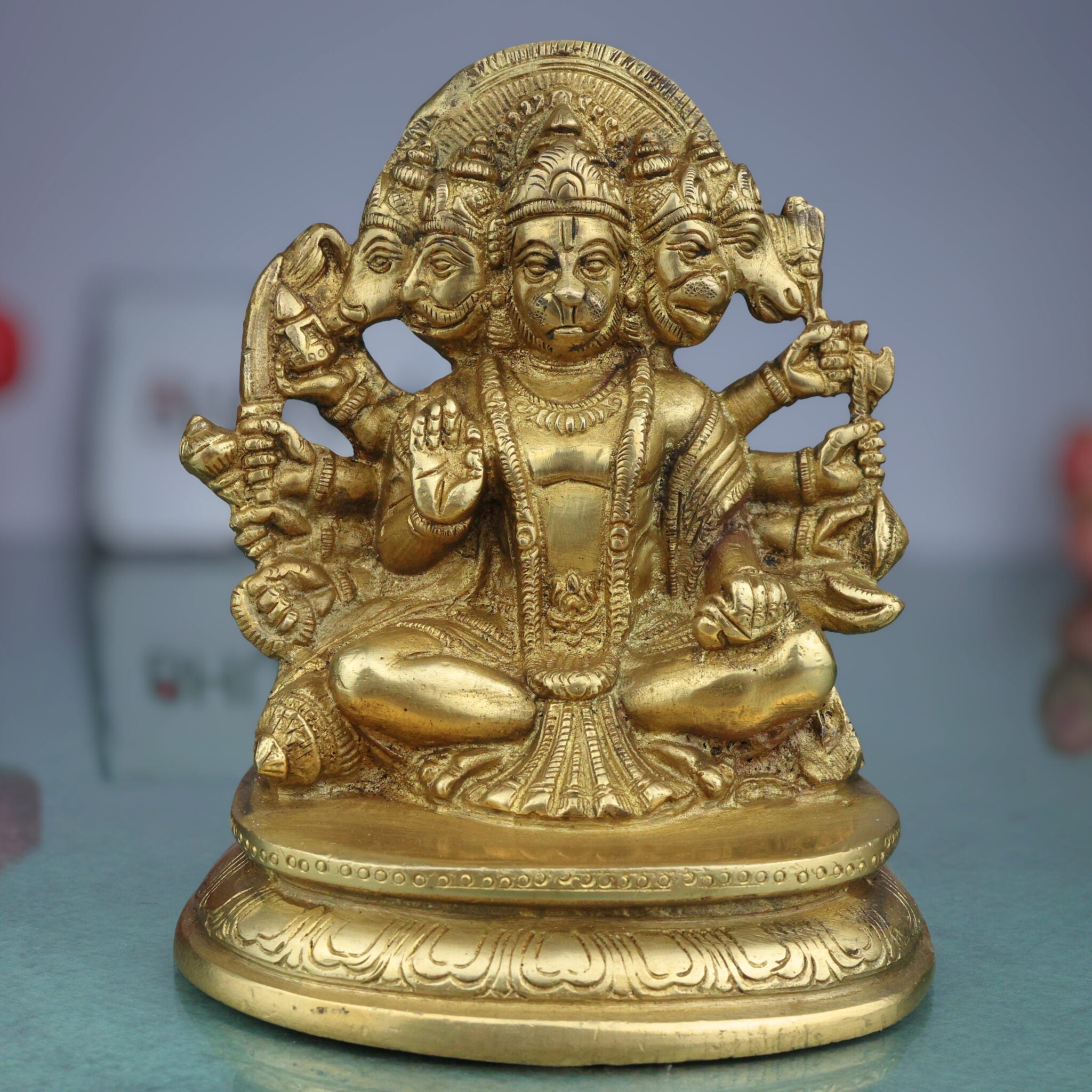 Panchmukhi Hanuman Brass Idol | Bajrang Bali Anjaneya Vayuputra Murti for Home Temple Pooja Decor