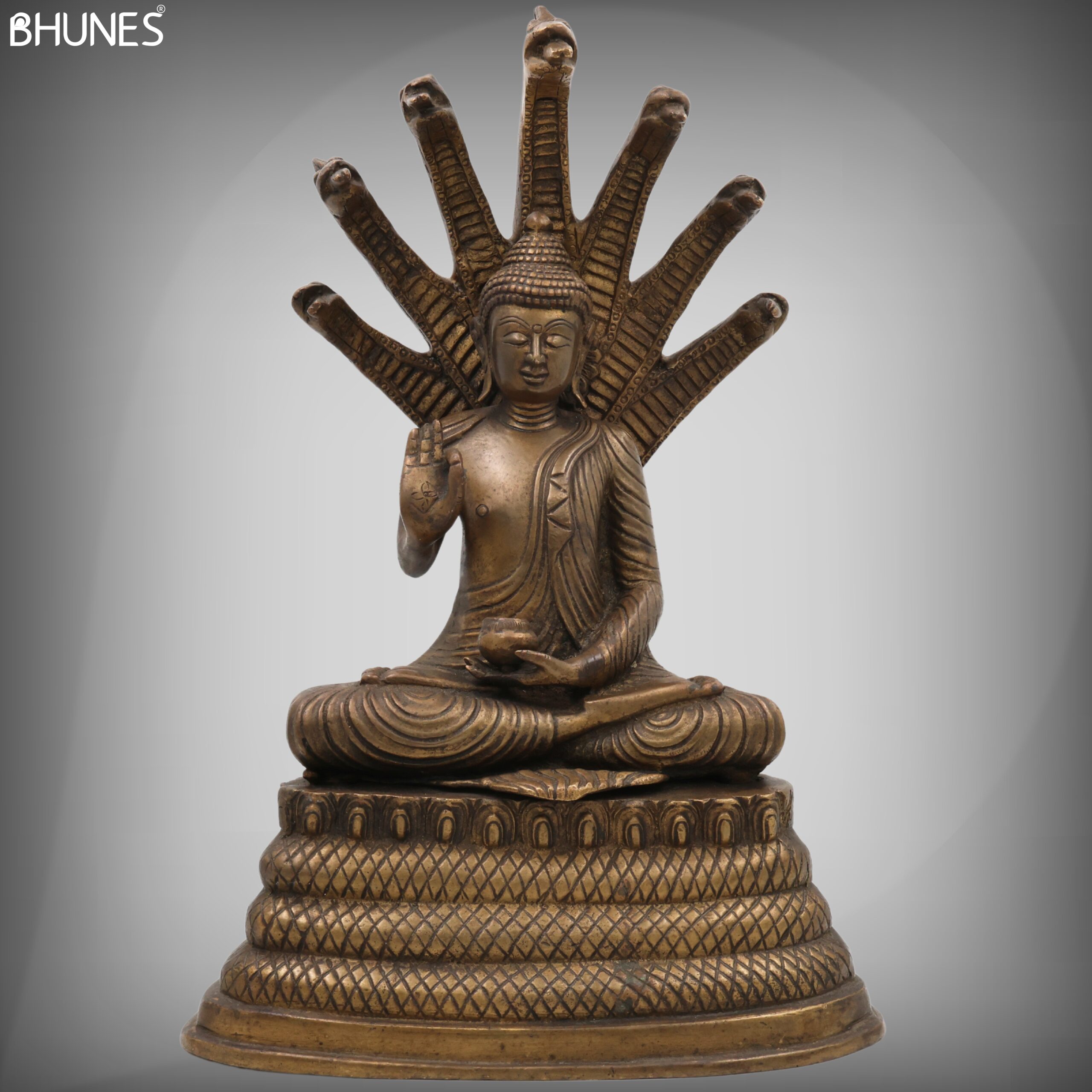 Brass Buddha Idol with Seven Snake Naga