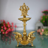 Brass Lamp With 3 Diya, Lord Ganesha Lamps, Ganesh Deepam Murti, Ganapati Deepa For Table And Home Decor