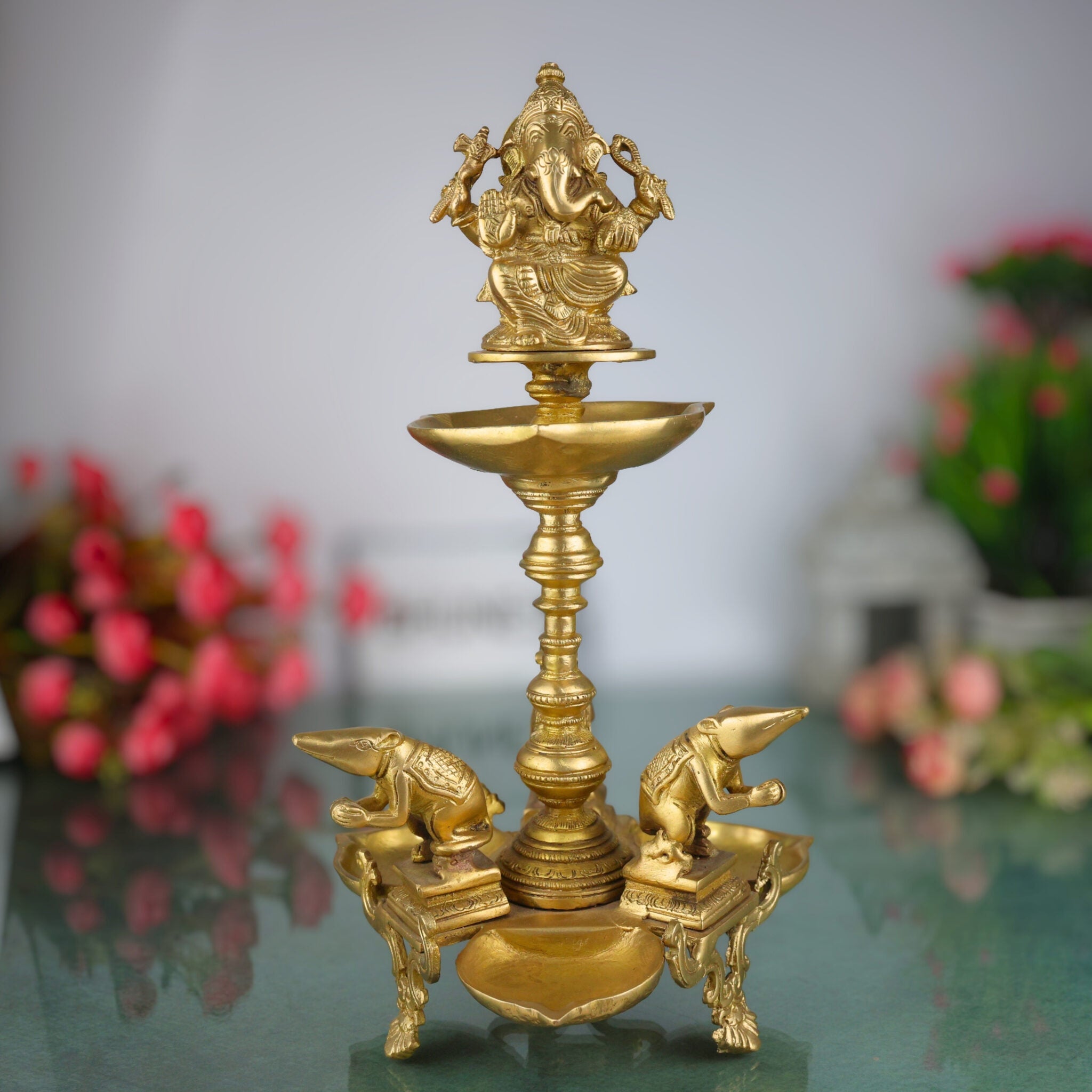 Brass Lamp With 3 Diya, Lord Ganesha Lamps, Ganesh Deepam Murti, Ganapati Deepa For Table And Home Decor