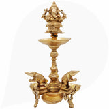 Brass Lamp With 3 Diya, Lord Ganesha Lamps, Ganesh Deepam Murti, Ganapati Deepa For Table And Home Decor,Gold, 15 Inch, 1 Piece