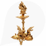 Brass Lamp With 3 Diya, Lord Ganesha Lamps, Ganesh Deepam Murti, Ganapati Deepa For Table And Home Decor,Gold, 15 Inch, 1 Piece