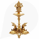 Brass Lamp With 3 Diya, Lord Ganesha Lamps, Ganesh Deepam Murti, Ganapati Deepa For Table And Home Decor,Gold, 15 Inch, 1 Piece