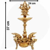 Brass Lamp With 3 Diya, Lord Ganesha Lamps, Ganesh Deepam Murti, Ganapati Deepa For Table And Home Decor,Gold, 15 Inch, 1 Piece