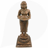 Handcrafted Bronze Deep Lakshmi Diya Lady Idol, Traditional Panchaloha Oil Lamp Holder Sculpture for Home, Temple & Puja Decor,Brown, 17.5 Inch, 1 Piece