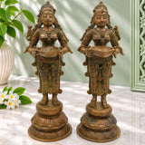 Handcrafted Bronze Deep Lakshmi Diya Lady Idol, Traditional Panchaloha Oil Lamp Sculpture for Pooja, Home Decor & Spiritual Gifting, Set Of 2,Brown, 12.5 Inch, 1 Piece