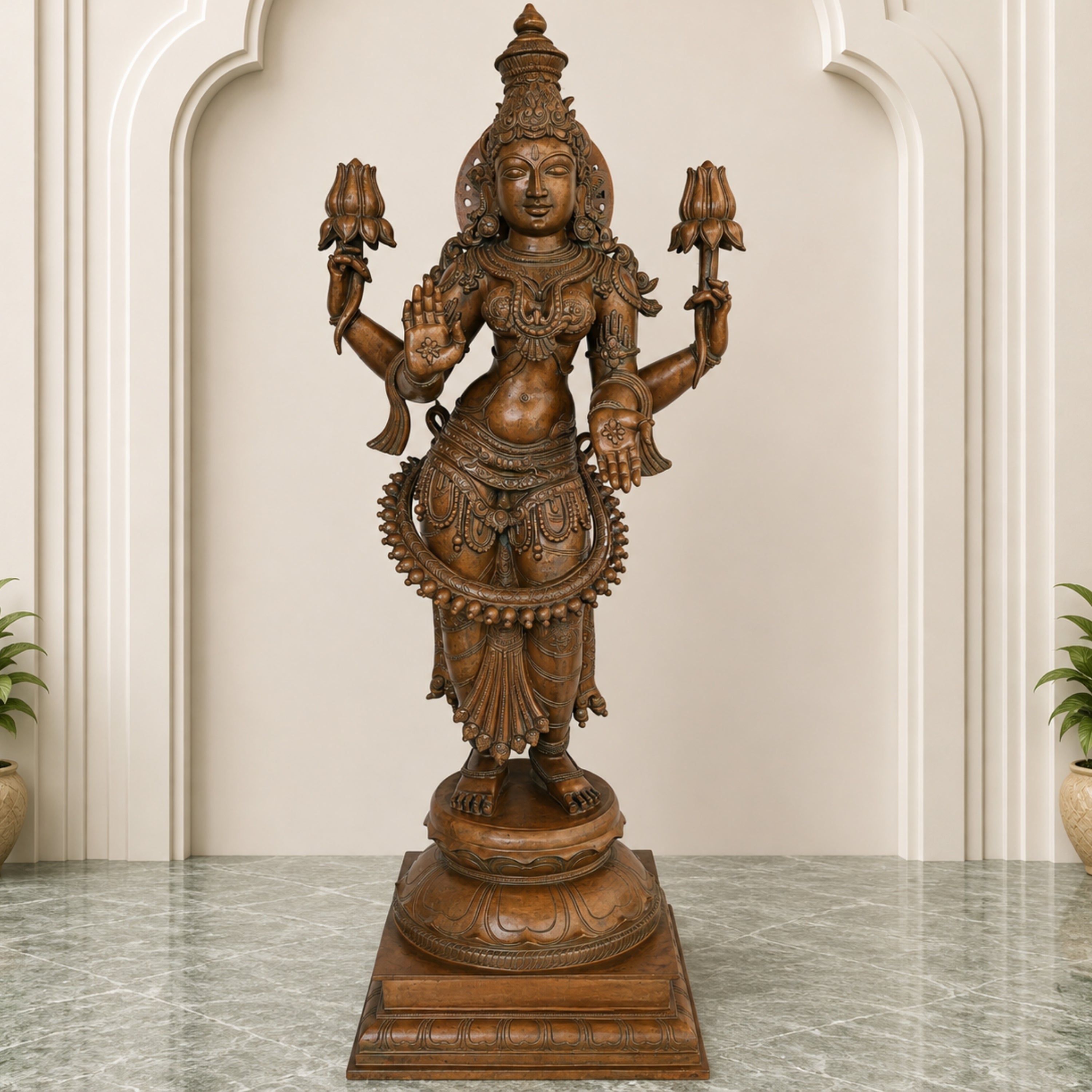 3ft Panchaloha bronze Mahalakshmi idol, full front view on white background