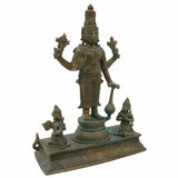 Bronze Vishnu Idol with Garud Dev and Hanuman in Antique Style, Panchaloha Narayan Vigraha, Panchadhatu Sri Vishnu Murti for Pooja and Decor, Brown, 7 Inch, 1 Piece