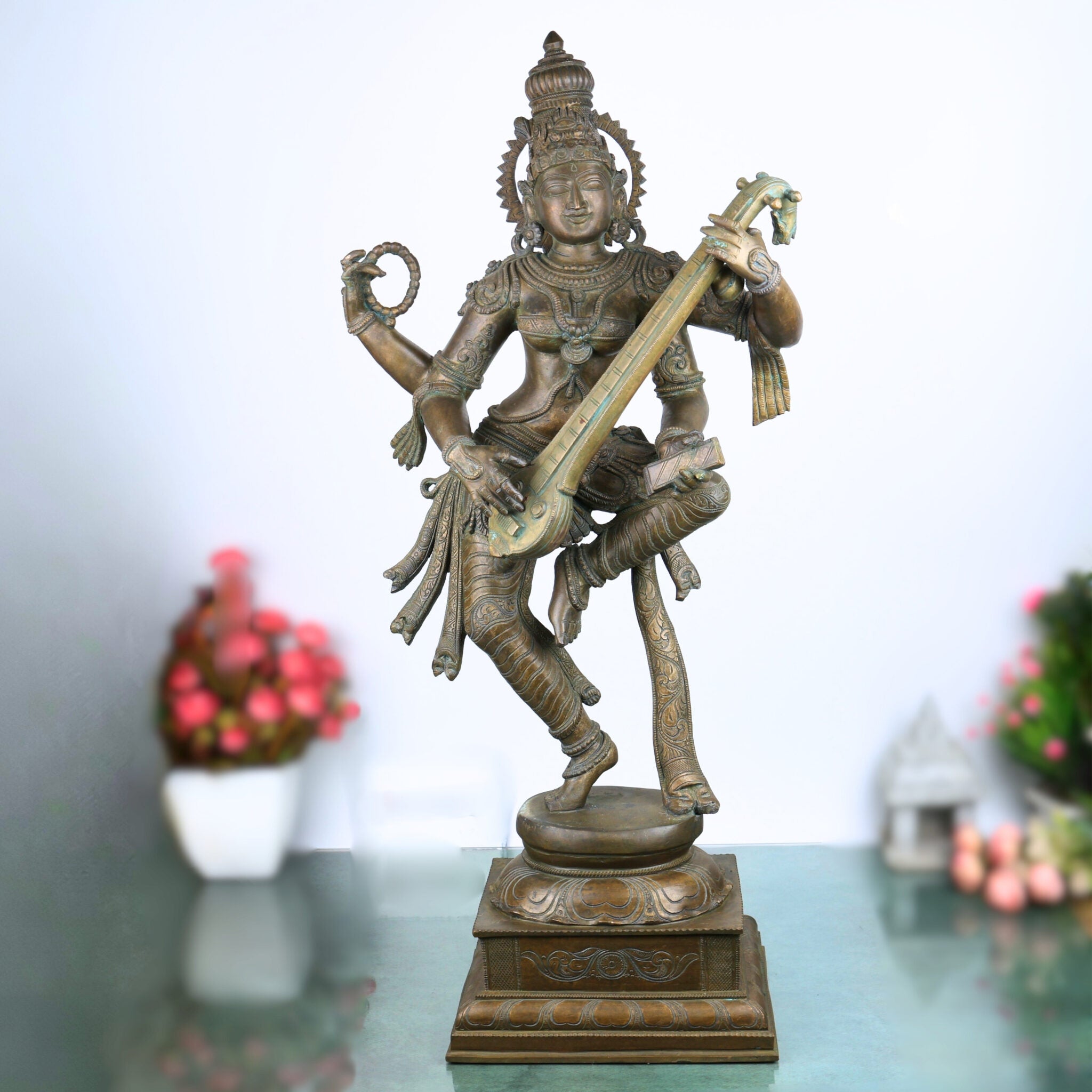 Panchadhatu Saraswati Idol – Bronze Vidya Devi Statue, Sarasvati Murti, Saraswathi Sculpture for Home, Temple, Pooja Room Decor