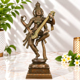 Bhunes Panchadhatu Saraswati Idol – Bronze Vidya Devi Statue, Sarasvati Murti, Saraswathi Sculpture for Home, Temple, Pooja Room Decor, Brown, 33 Inch, 1 Piece