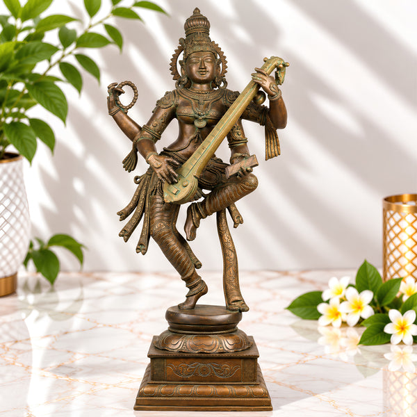 Bhunes Panchadhatu Saraswati Idol – Bronze Vidya Devi Statue, Sarasvati Murti, Saraswathi Sculpture for Home, Temple, Pooja Room Decor, Brown, 33 Inch, 1 Piece