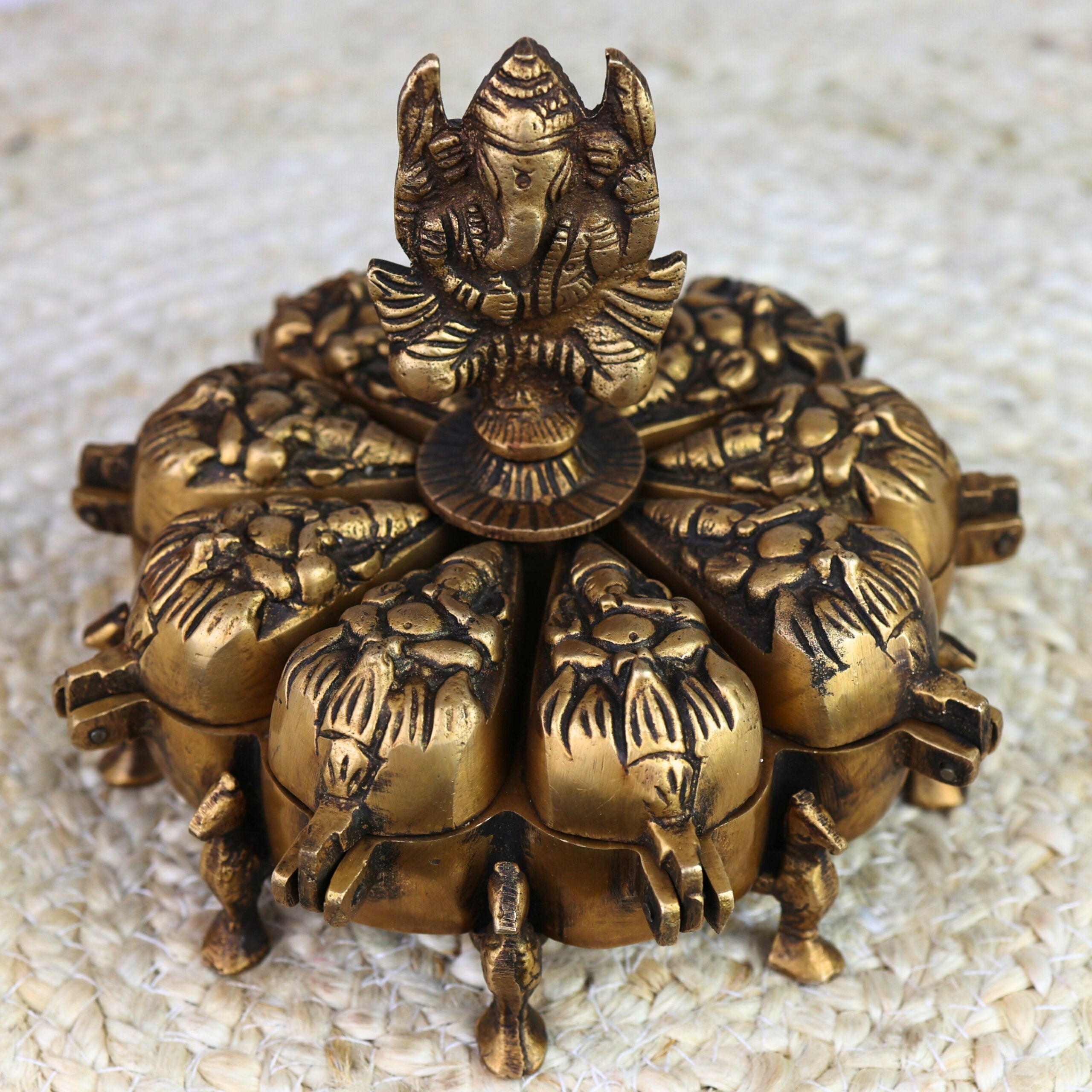 Brass Decorative Boxes, Box, Multipurpose Boxes, Sindoor Boxes, Sindhur Box, Antique, Box With Ganesha Idol On Top