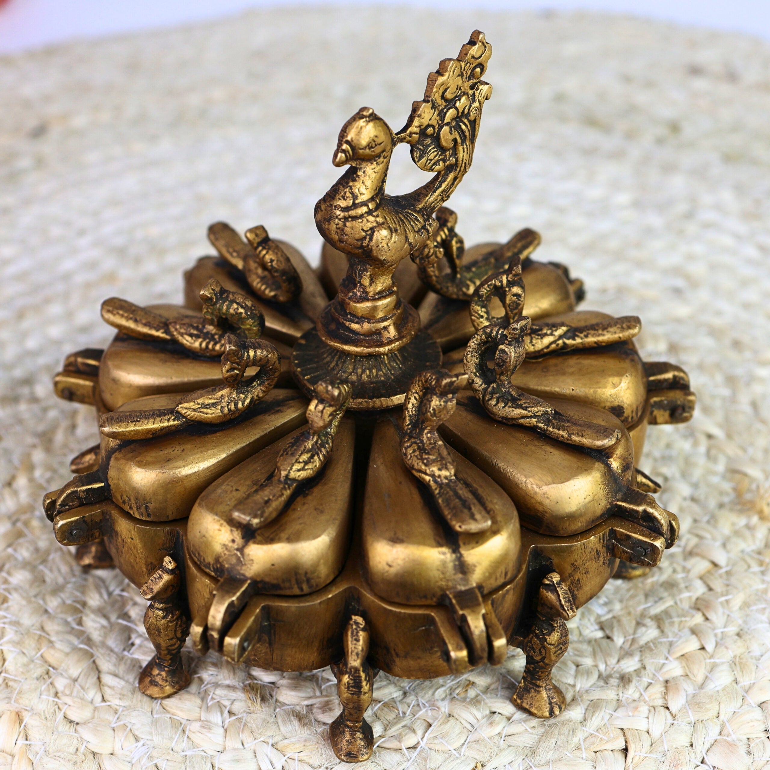 Brass Decorative Boxes, Box, Multipurpose Boxes, Sindoor Boxes, Sindhur Box, Antique, Box With Peacock Opener