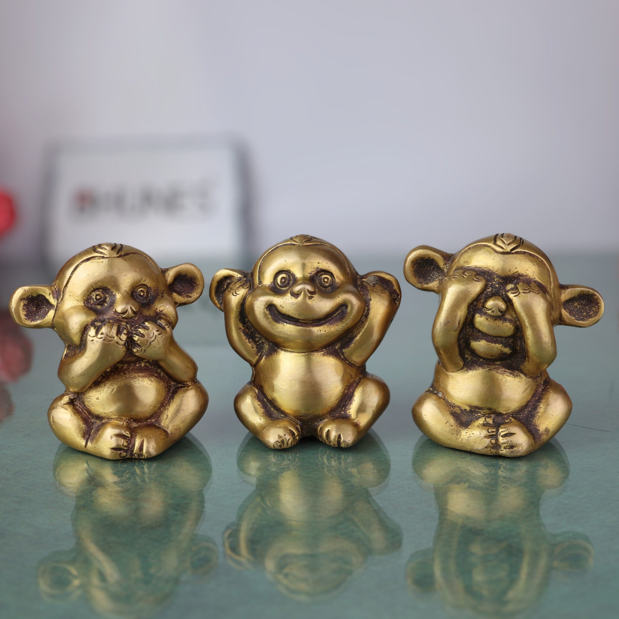 Brass Three Wise Monkeys Idol – Gandhi Bapu Ketan Bandar Statue, See No Evil Hear No Evil Speak No Evil, Antique Brass Home & Office Décor