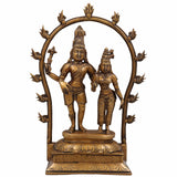 Brass Shiva Parvati Idol with Prabhavali, Mahadeva Shankar Murti, Bholenath Parvati Statue for Home Temple, Pooja Sculpture, Spiritual Decor,Gold, 14 Inch, 1 Piece