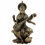 Brass Saraswati Idol, Maa Saraswati Murti, Sharada Statue, Vagdevi Sculpture, Goddess of Knowledge, Wisdom & Arts for Home Temple, Pooja Room & Study Decor,Gold, 4.5 Inch, 1 Piece