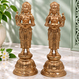 Premium Bronze Panchaloha deepa Lakshmi Idol Set of 2 | Handcrafted Deep Lakshmi Sculptures | Hindu Goddess of Wealth Home Temple Decor, Set Of 2, Gold, 11 Inch, 2 Piece
