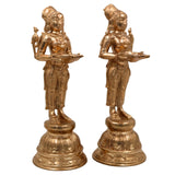 Premium Bronze Panchaloha deepa Lakshmi Idol Set of 2 | Handcrafted Deep Lakshmi Sculptures | Hindu Goddess of Wealth Home Temple Decor, Set Of 2, Gold, 11 Inch, 2 Piece