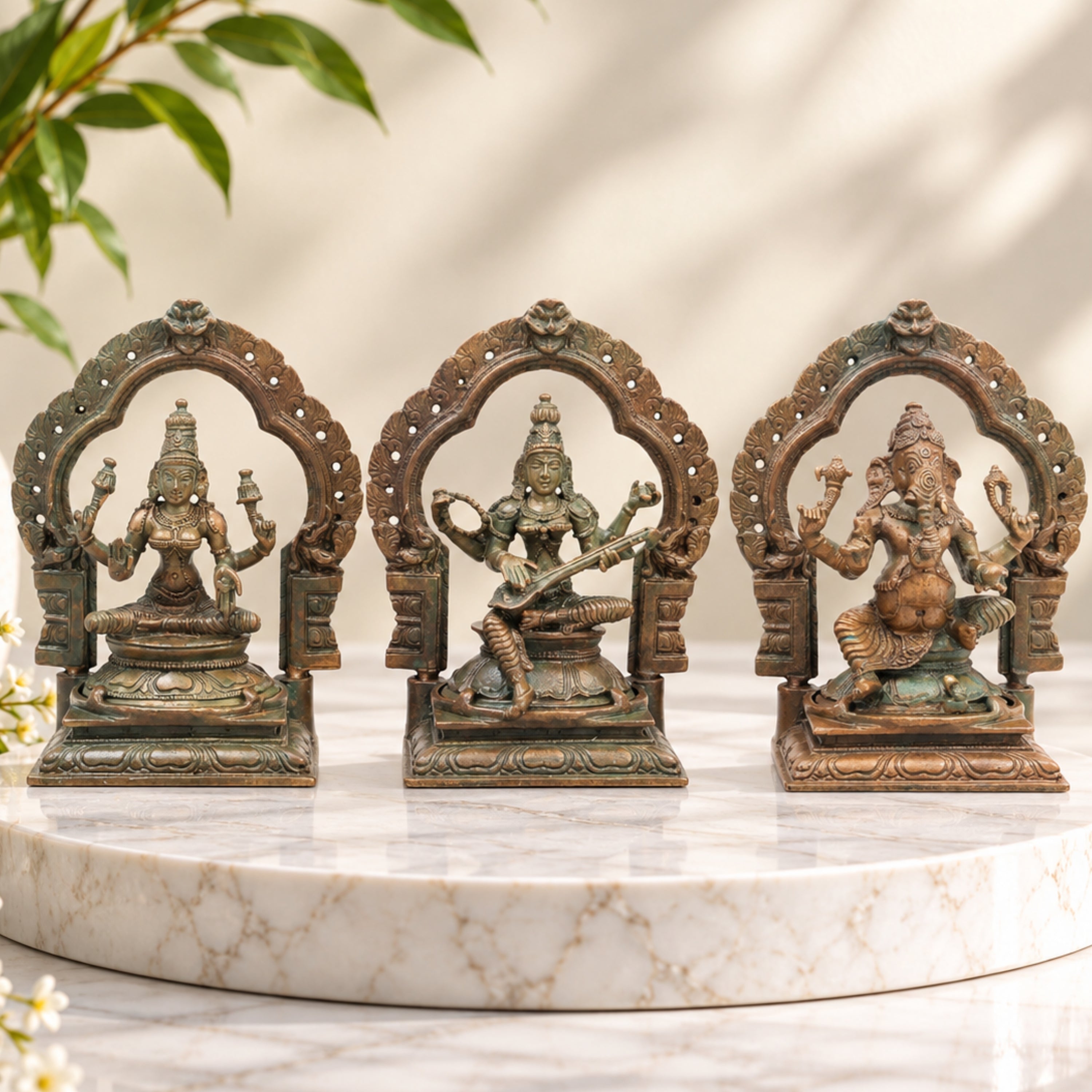 Bronze Ganesha Lakshmi Saraswati Idol