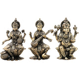 Brass Ganesha Lakshmi Saraswati Idol Murti, God Statue for Pooja, Home Temple Decor & Gifting, Gold, 4 Inch, 3 Piece