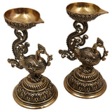 Brass Peacock Diya | Mayura Deepam, Mor Pankh Diya, Mayil Vilakku | Handcrafted Temple Oil Lamp for Puja, Festival, Wedding Decor, Gold, 4.5 Inch, 2 Piece