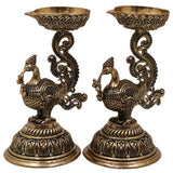 Brass Peacock Diya | Mayura Deepam, Mor Pankh Diya, Mayil Vilakku | Handcrafted Temple Oil Lamp for Puja, Festival, Wedding Decor, Gold, 4.5 Inch, 2 Piece