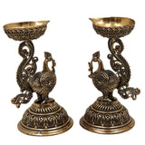 Brass Peacock Diya | Mayura Deepam, Mor Pankh Diya, Mayil Vilakku | Handcrafted Temple Oil Lamp for Puja, Festival, Wedding Decor, Gold, 4.5 Inch, 2 Piece