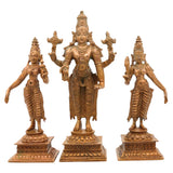 Bronze Vishnu with Sri Devi & Bhu Devi Idol | Handcrafted Murti Set for Pooja, Temple & Home Decor, Brown, 6 Inch, 3 Piece