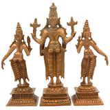 Bronze Vishnu with Sri Devi & Bhu Devi Idol | Handcrafted Murti Set for Pooja, Temple & Home Decor, Brown, 6 Inch, 3 Piece