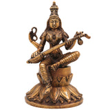 Brass Saraswati Idol, Handcrafted Brass Murti, Goddess Saraswati Statue, Vidya Devi Sculpture for Pooja, Home Decor & Gifts, Gold, 10 Inch, 1 Piece