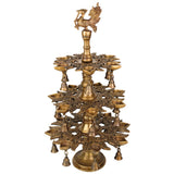 Brass Handcrafted Peacock Kuthu Vilakku Deepam | 3 Step Temple Lamp with Bells | Traditional Gold Finish Pooja Diya Deepak Vilakku Idol for Home Decor & Aarti, Gold, 25.5 Inch, 1 Piece