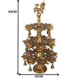 Brass Handcrafted Peacock Kuthu Vilakku Deepam | 3 Step Temple Lamp with Bells | Traditional Gold Finish Pooja Diya Deepak Vilakku Idol for Home Decor & Aarti, Gold, 25.5 Inch, 1 Piece