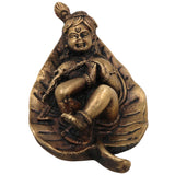 Brass Bal Krishna on Leaf Idol, Peetal Baby Gopala Murti, Handcrafted Govinda Kanha Statue for Pooja Home Decor, Gold, 1 Inch, 1 Piece