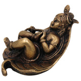 Brass Bal Krishna on Leaf Idol, Peetal Baby Gopala Murti, Handcrafted Govinda Kanha Statue for Pooja Home Decor, Gold, 1 Inch, 1 Piece