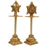 Brass Shankh Chakra Stand Set, Peetal Vishnu Symbol Balaji  Shankh & Sudarshan Chakra Figurine for Pooja, Home Temple & Spiritual Decor, Gold, 5 Inch, 2 Piece