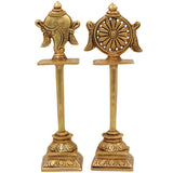 Brass Shankh Chakra Stand Set, Peetal Vishnu Symbol Balaji  Shankh & Sudarshan Chakra Figurine for Pooja, Home Temple & Spiritual Decor, Gold, 5 Inch, 2 Piece