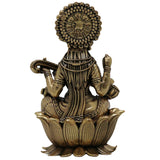 Brass Saraswati Idol Murti | Maa Saraswati Sharada Vani Vagdevi Vidya Devi Veena Pani Statue for Puja Home Decor, Gold, 4 Inch, 1 Piece