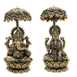 Brass Lakshmi Ganapati Idol with Umbrella, Handcrafted Ganesha Lakshmi Murti, Lakshmi Sahita Ganesh Vigraham for Pooja, Vastu, Diwali & Home Decor, Gold, 4.5 Inch, 2Piece
