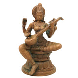 Bronze Saraswati Idol Sharada Vani Kalaimagal Panchaloha Style Murti, Handcrafted Kansya Vagdevi Bharati Statue for Home Temple, Brown, 4.5 Inch, 1 Piece